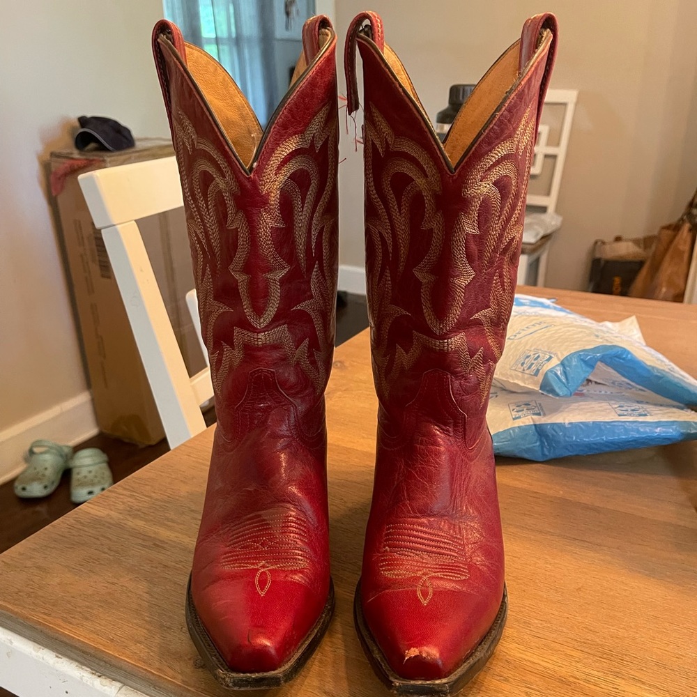 Red Cowboy Boots! Worn twice. Rip on the pull & small scuff on toe. Size 10